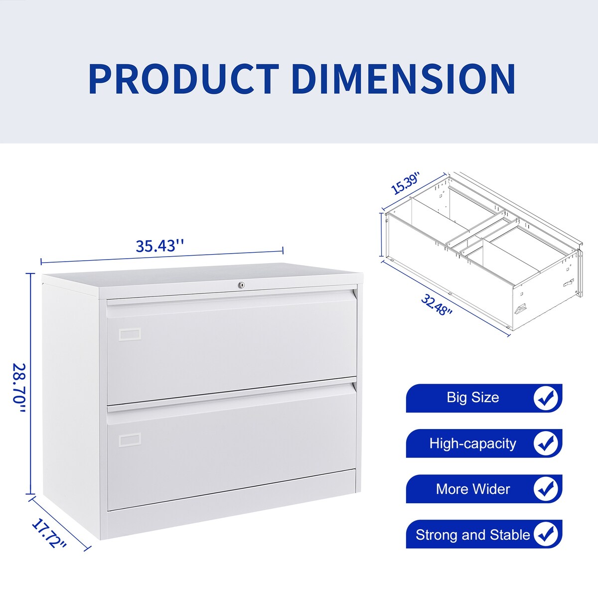 2 Drawer Lateral Filing Cabinet for Legal/Letter A4 Size, Large Deep Drawers Locked by Keys