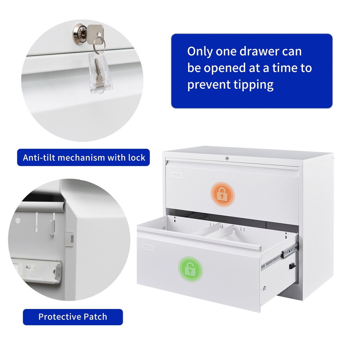 2 Drawer Lateral Filing Cabinet for Legal/Letter A4 Size, Large Deep Drawers Locked by Keys