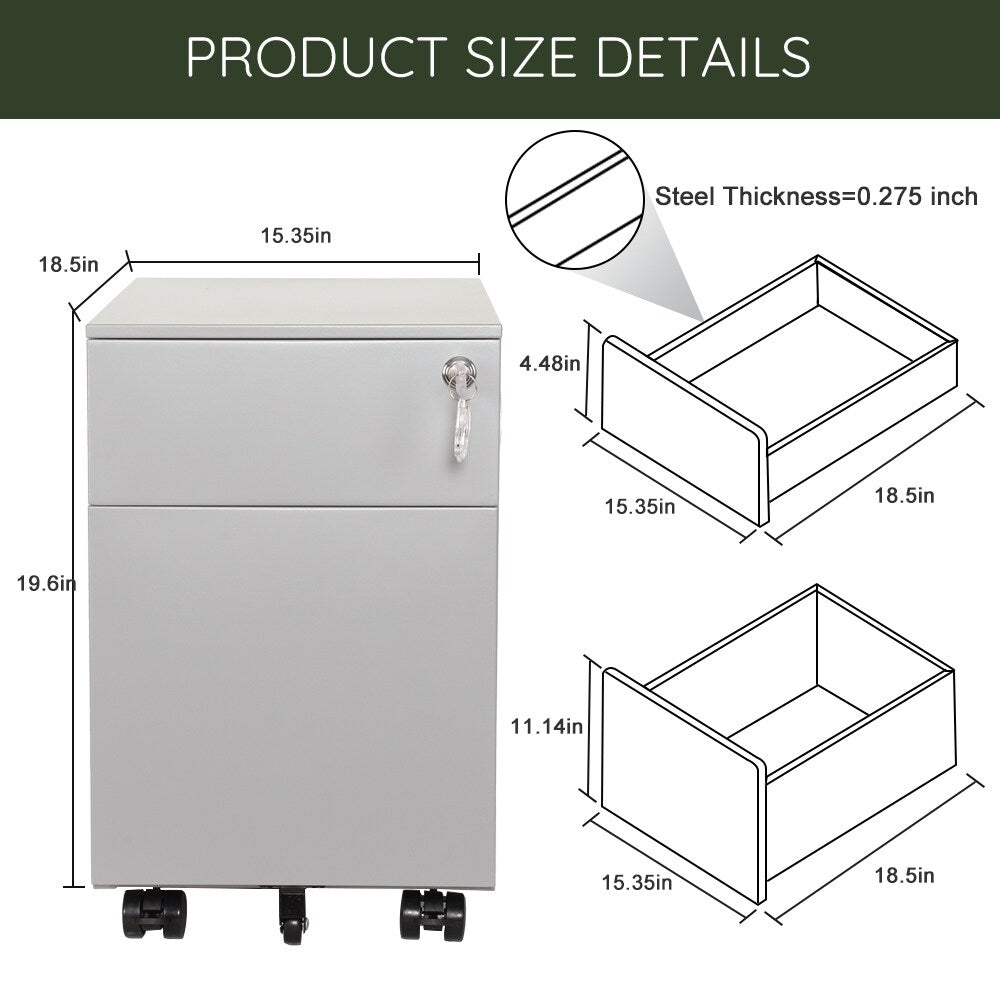 2 Drawer Mobile File Cabinet with Lock Metal Filing Cabinet for Legal/Letter/A4/F4 Size
