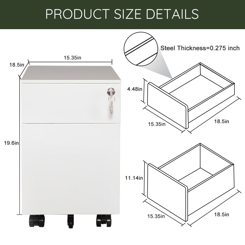 2 Drawer Mobile File Cabinet with Lock Metal Filing Cabinet for Legal/Letter/A4/F4 Size