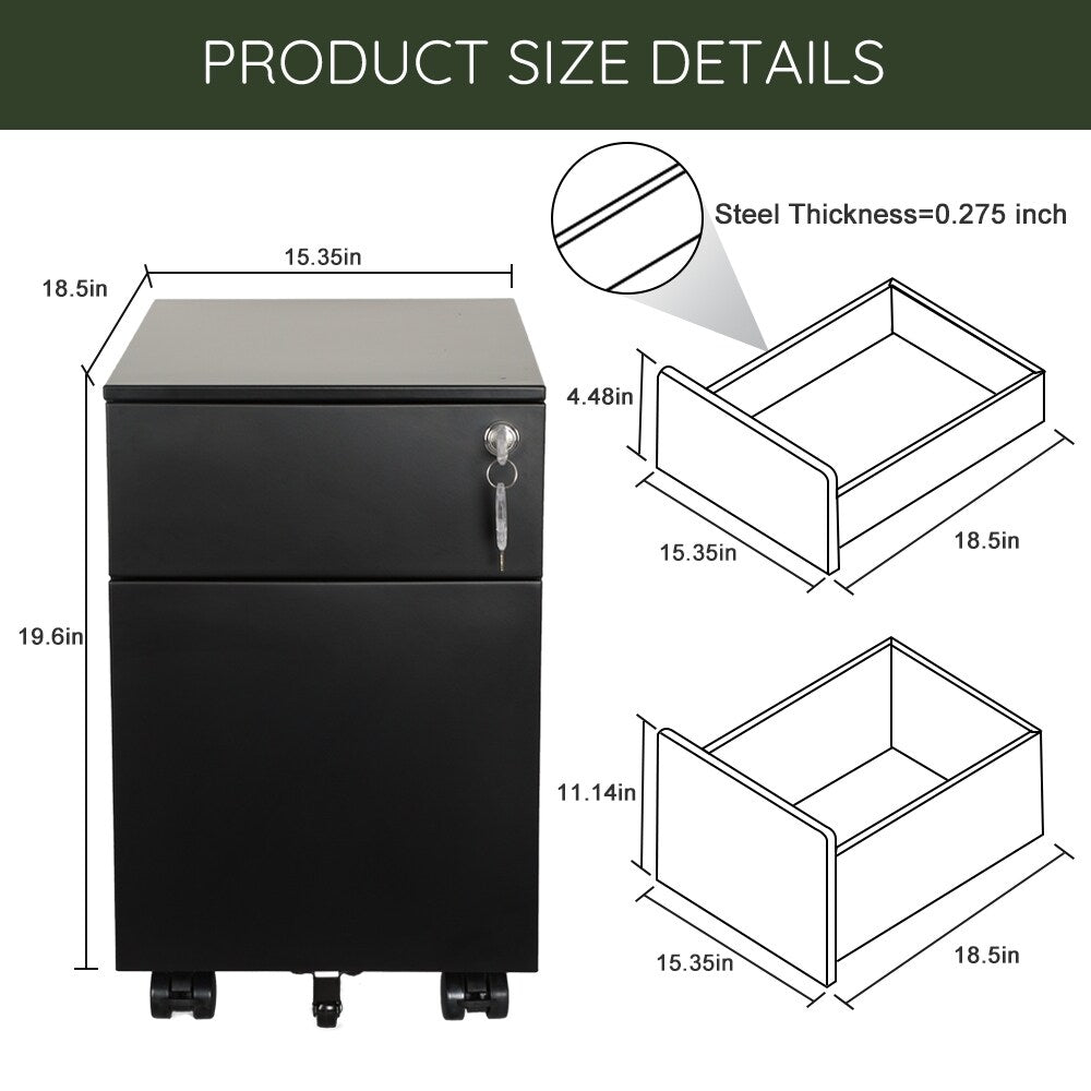 2 Drawer Mobile File Cabinet with Lock Metal Filing Cabinet for Legal/Letter/A4/F4 Size