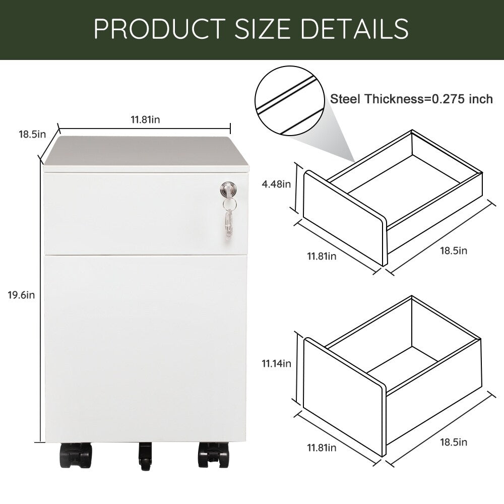 2 Drawer Mobile File Cabinet with Lock Metal Filing Cabinet for Legal/Letter/A4/F4 Size