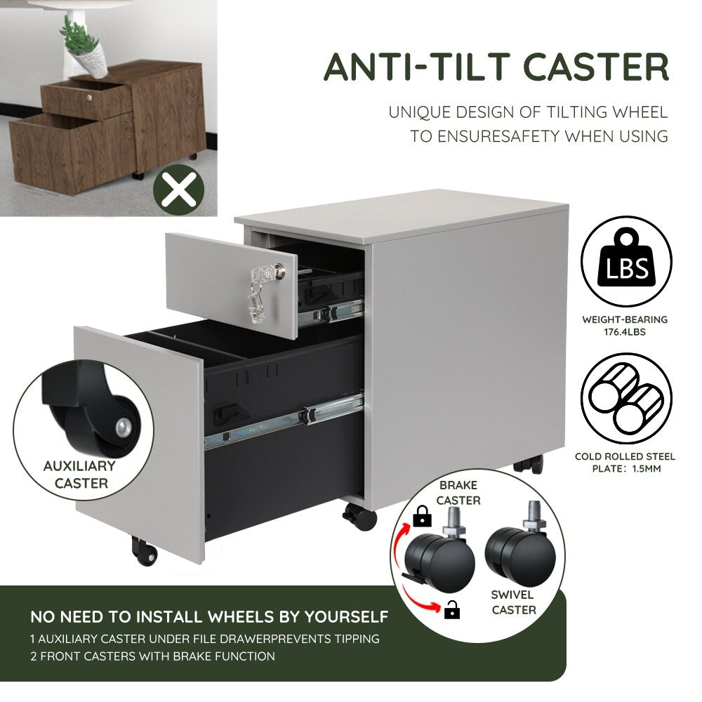 2 Drawer Mobile File Cabinet with Lock Metal Filing Cabinet for Legal/Letter/A4/F4 Size