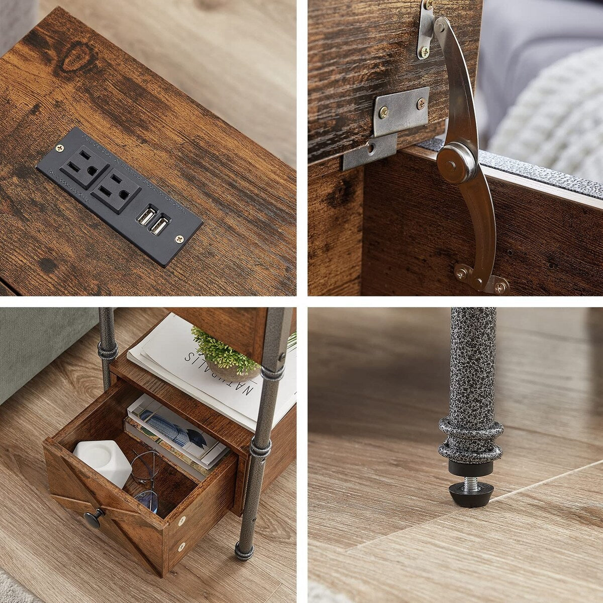 2-Drawer Narrow Nightstand with Charging Station and USB Ports& Power Outlets, Rustic Brown