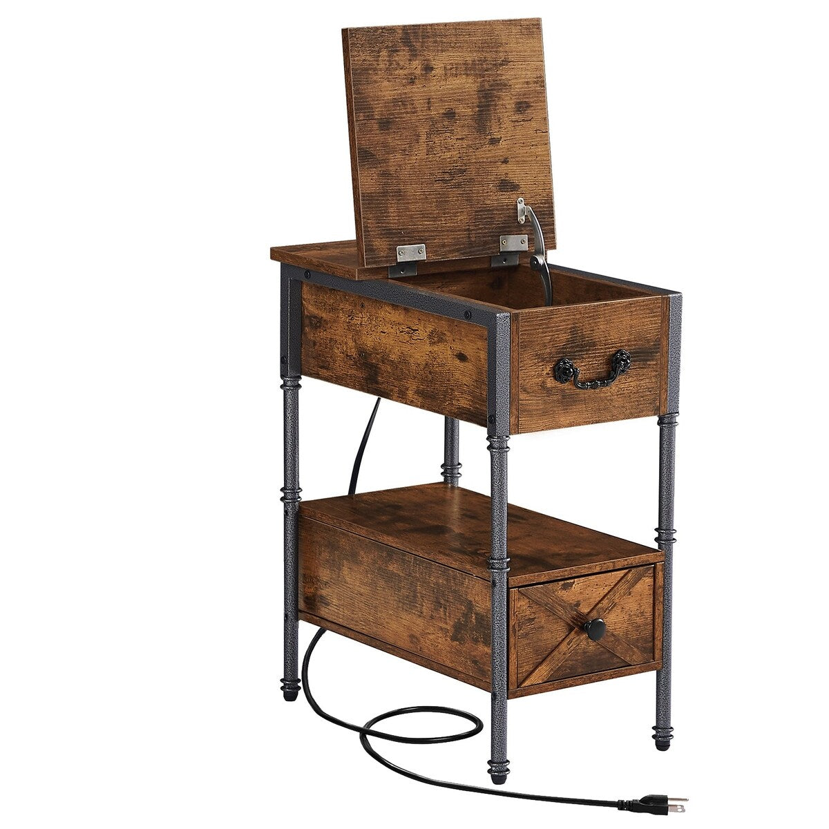2-Drawer Narrow Nightstand with Charging Station and USB Ports& Power Outlets, Rustic Brown