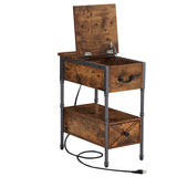 2-Drawer Narrow Nightstand with Charging Station and USB Ports& Power Outlets, Rustic Brown