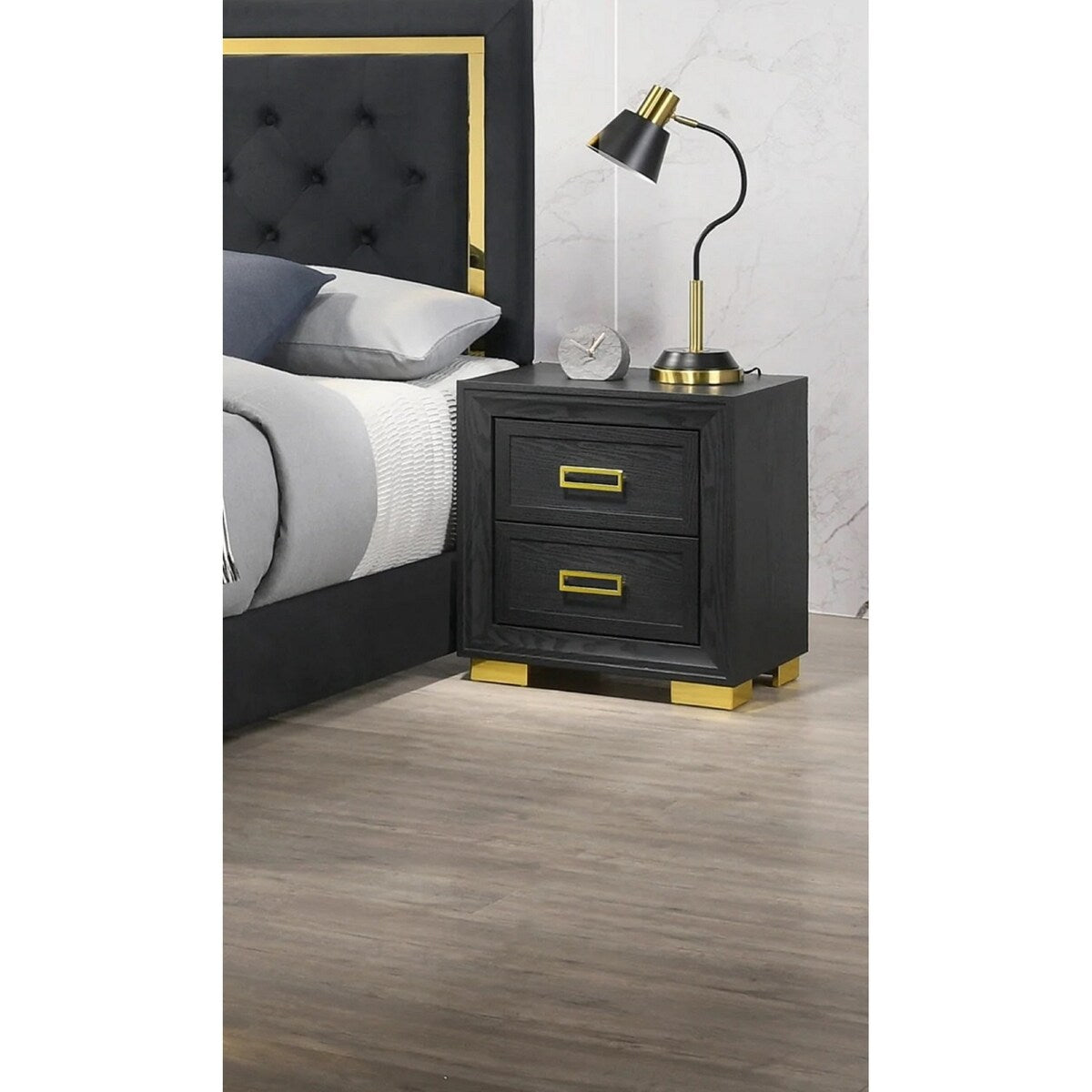 2-Drawer Nightstand Black Gold Finish Gold-colored Hardware Bedroom Furniture