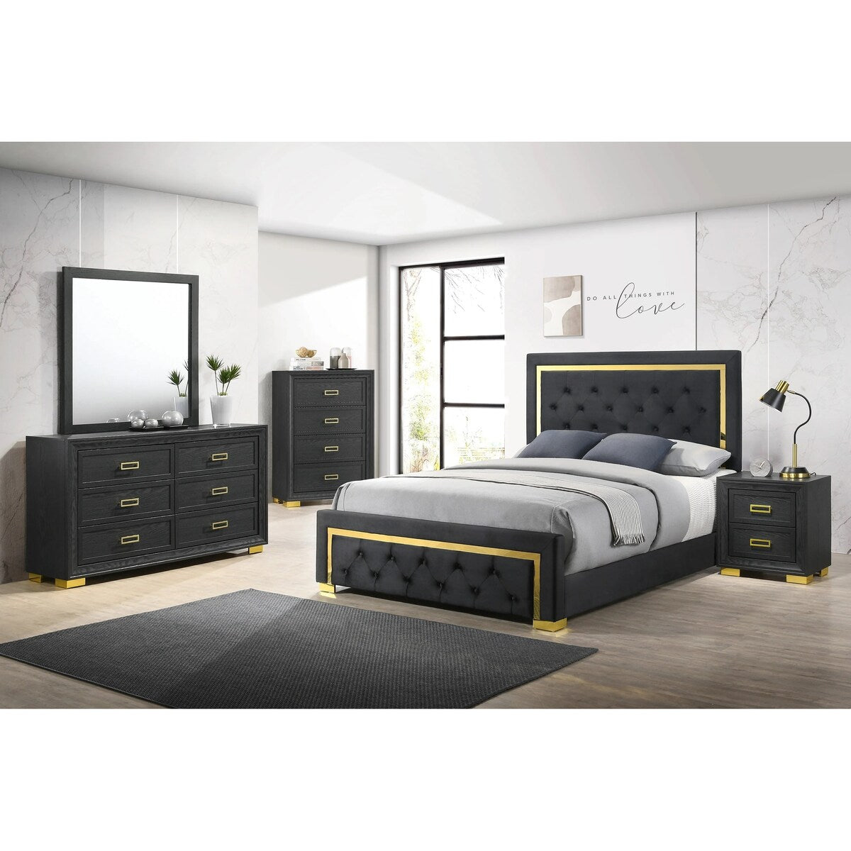 2-Drawer Nightstand Black Gold Finish Gold-colored Hardware Bedroom Furniture
