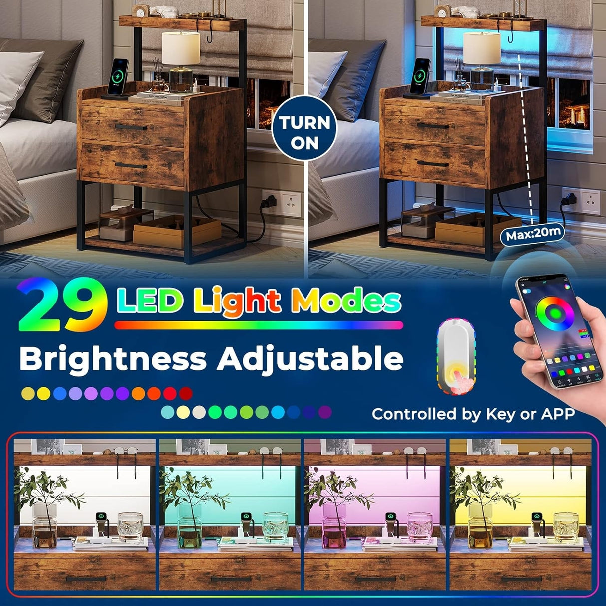 2 Drawer Nightstand with LED Lights Charging Station