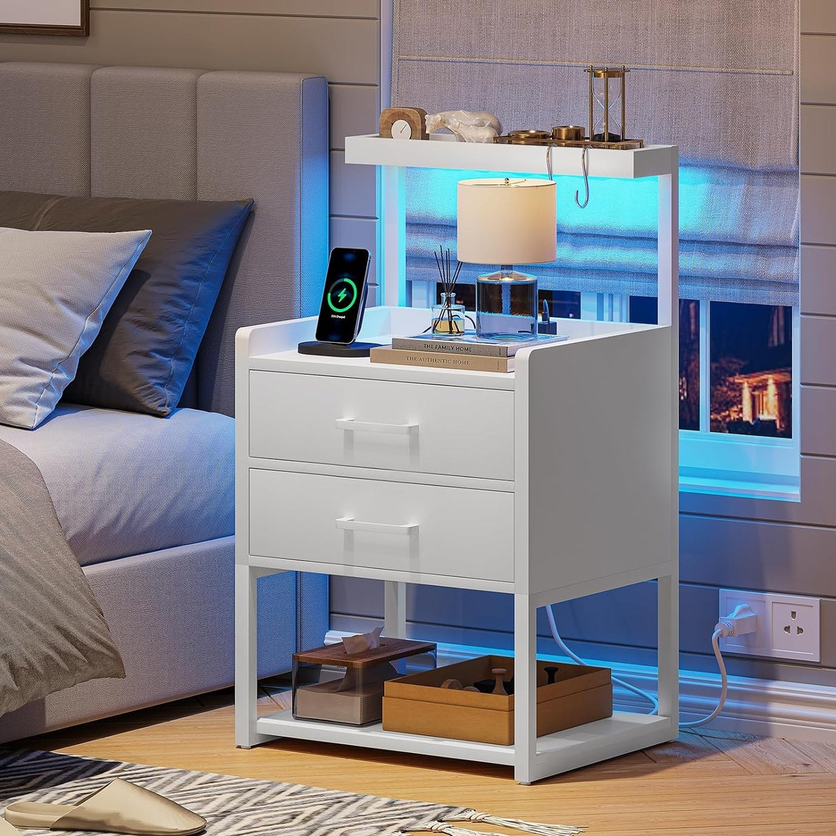 2 Drawer Nightstand with LED Lights Charging Station
