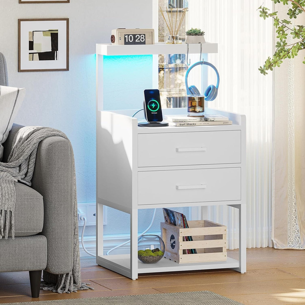 2 Drawer Nightstand with LED Lights Charging Station