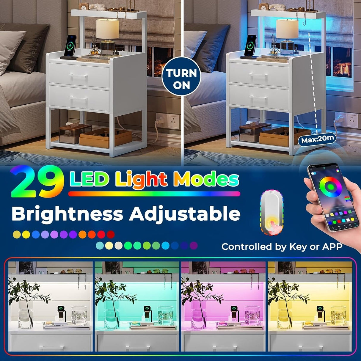 2 Drawer Nightstand with LED Lights Charging Station