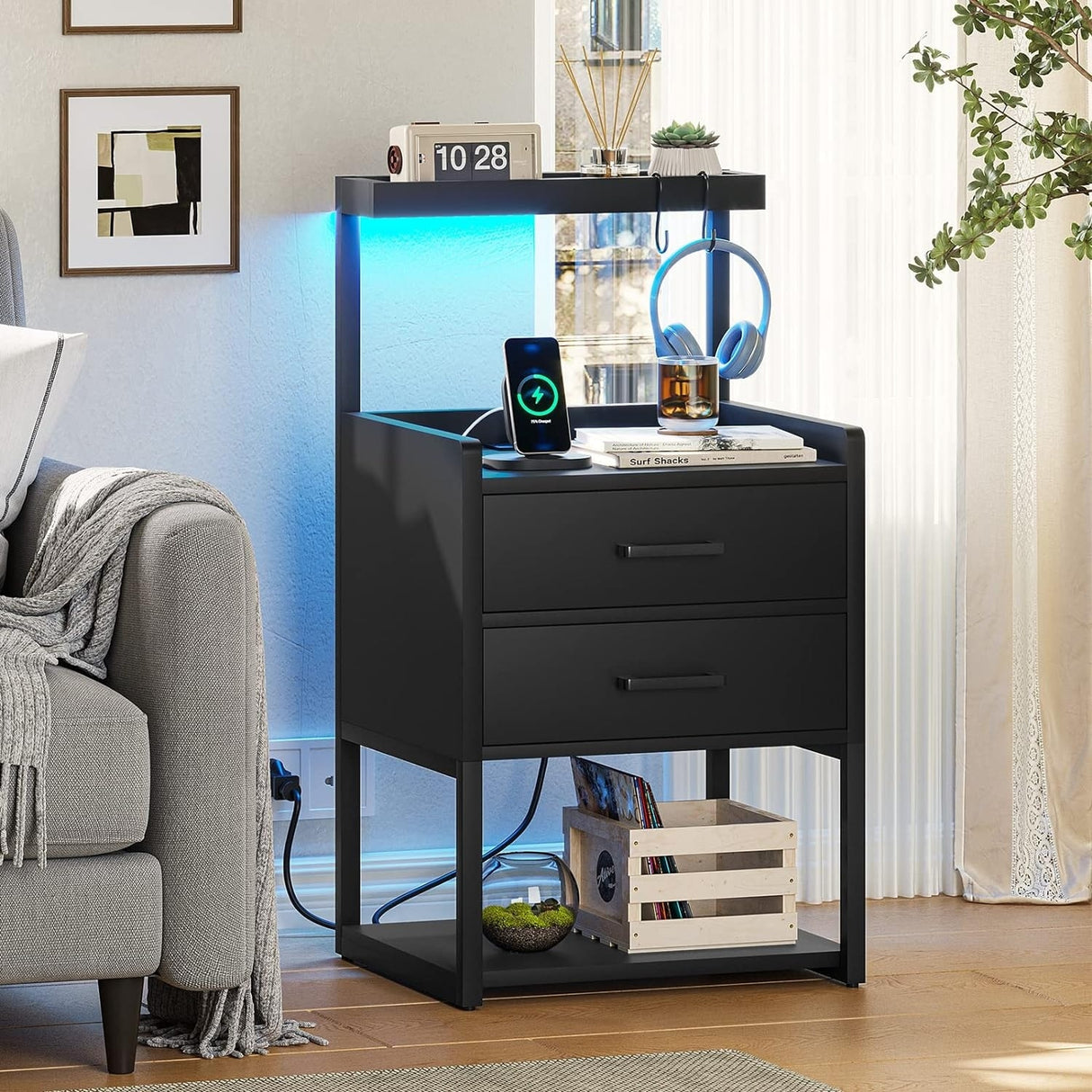 2 Drawer Nightstand with LED Lights Charging Station