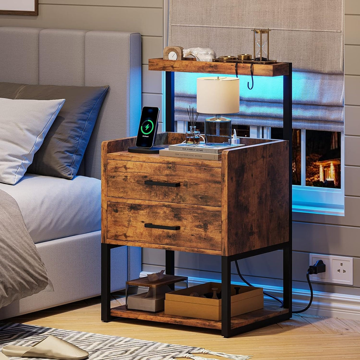 2 Drawer Nightstand with LED Lights Charging Station