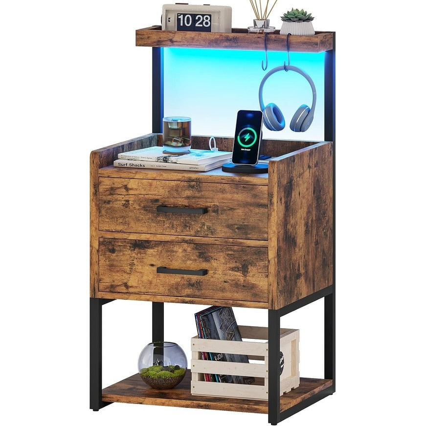 2 Drawer Nightstand with LED Lights Charging Station