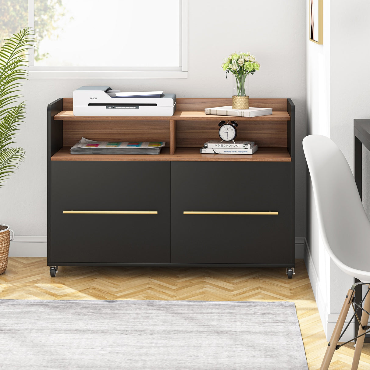 2 Drawer Rolling Filing Cabinets Wood Lateral File Cabinet for Letter, Printer Stand with Wheels Storage Shelf for Home Office