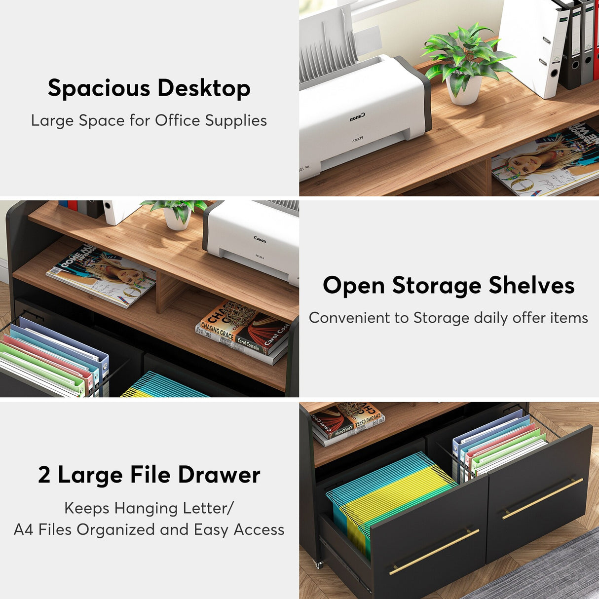 2 Drawer Rolling Filing Cabinets Wood Lateral File Cabinet for Letter, Printer Stand with Wheels Storage Shelf for Home Office