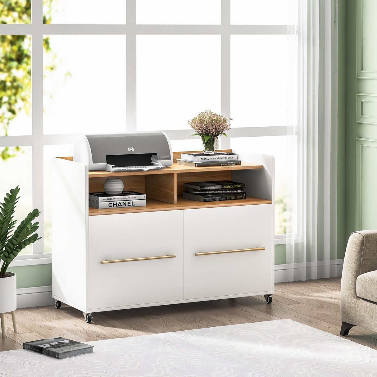 2 Drawer Rolling Filing Cabinets Wood Lateral File Cabinet for Letter, Printer Stand with Wheels Storage Shelf for Home Office
