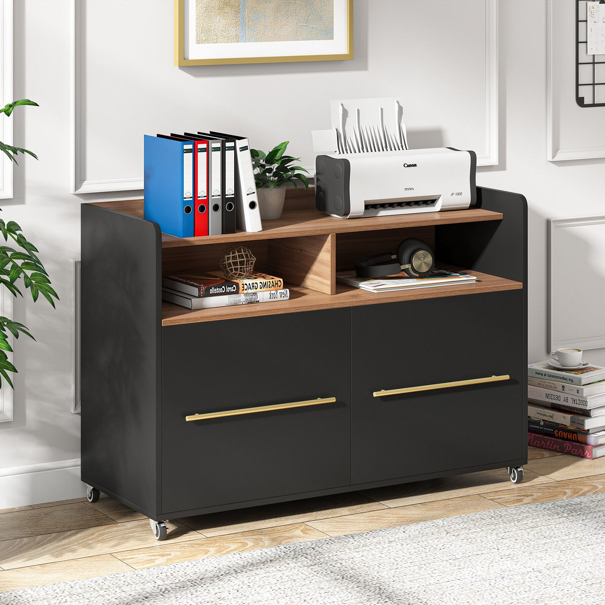 2 Drawer Rolling Filing Cabinets Wood Lateral File Cabinet for Letter, Printer Stand with Wheels Storage Shelf for Home Office