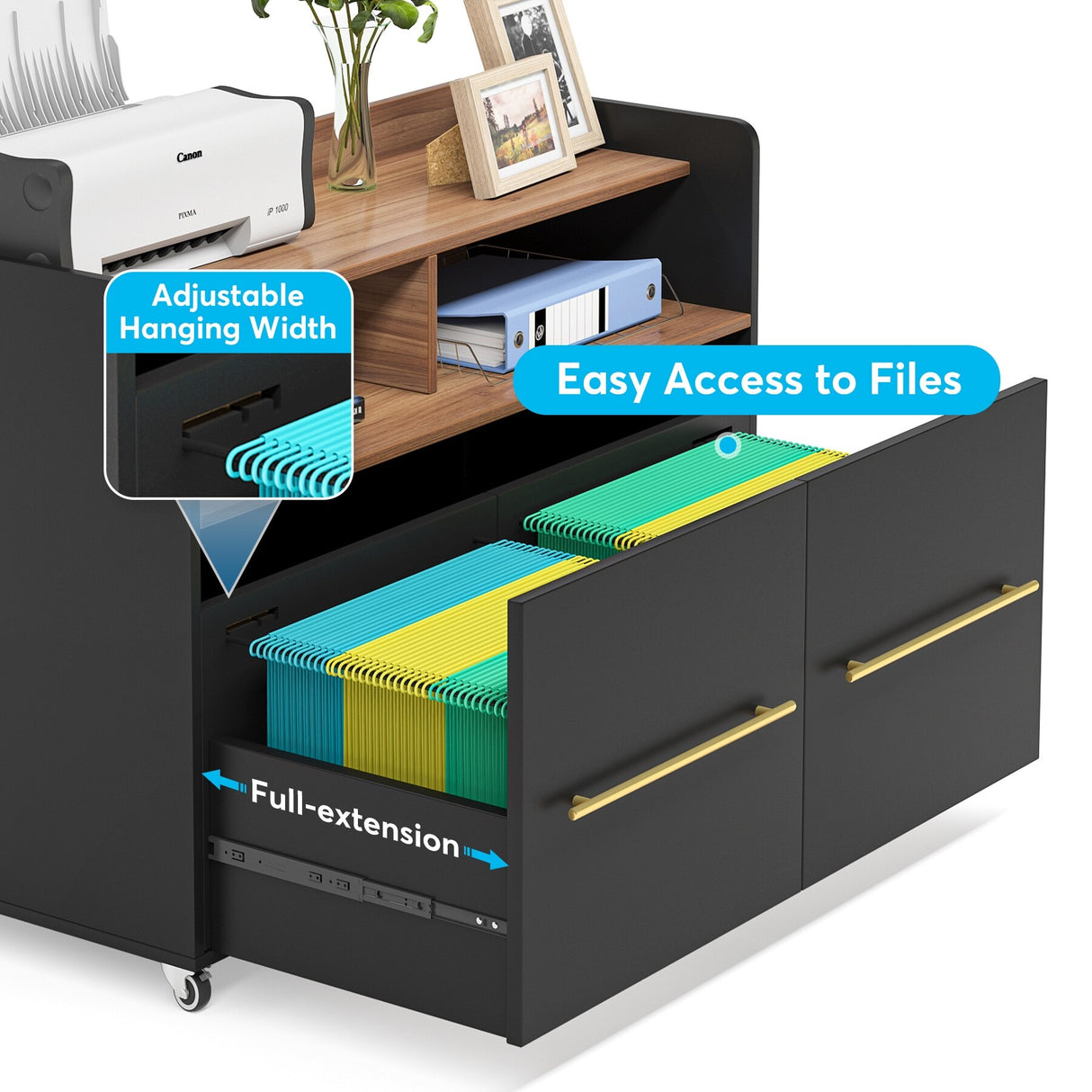 2 Drawer Rolling Filing Cabinets Wood Lateral File Cabinet for Letter, Printer Stand with Wheels Storage Shelf for Home Office