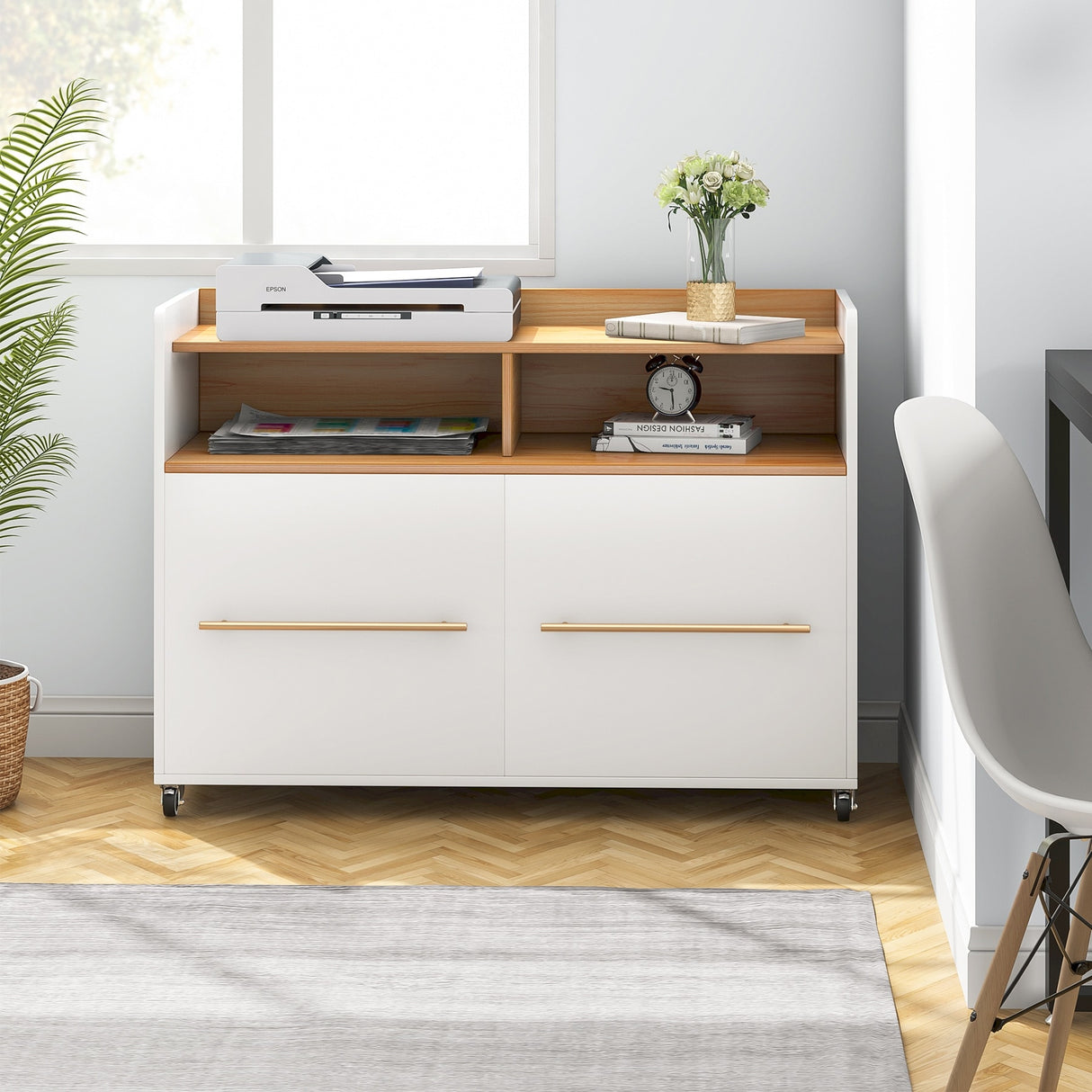 2 Drawer Rolling Filing Cabinets Wood Lateral File Cabinet for Letter, Printer Stand with Wheels Storage Shelf for Home Office