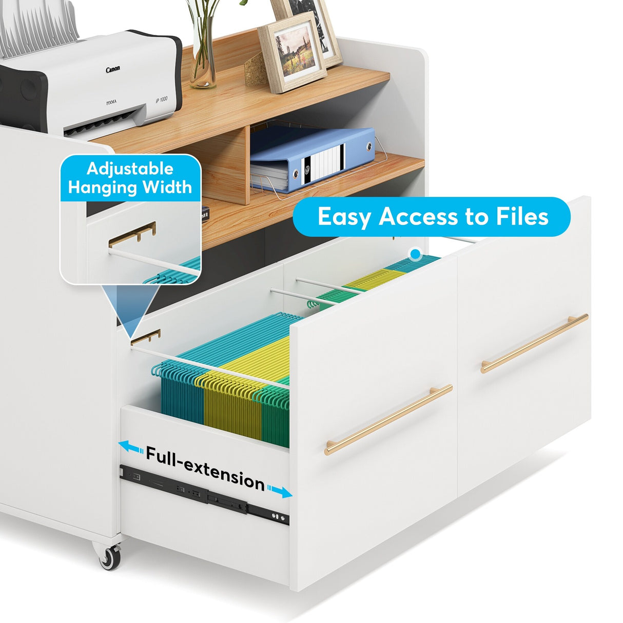 2 Drawer Rolling Filing Cabinets Wood Lateral File Cabinet for Letter, Printer Stand with Wheels Storage Shelf for Home Office