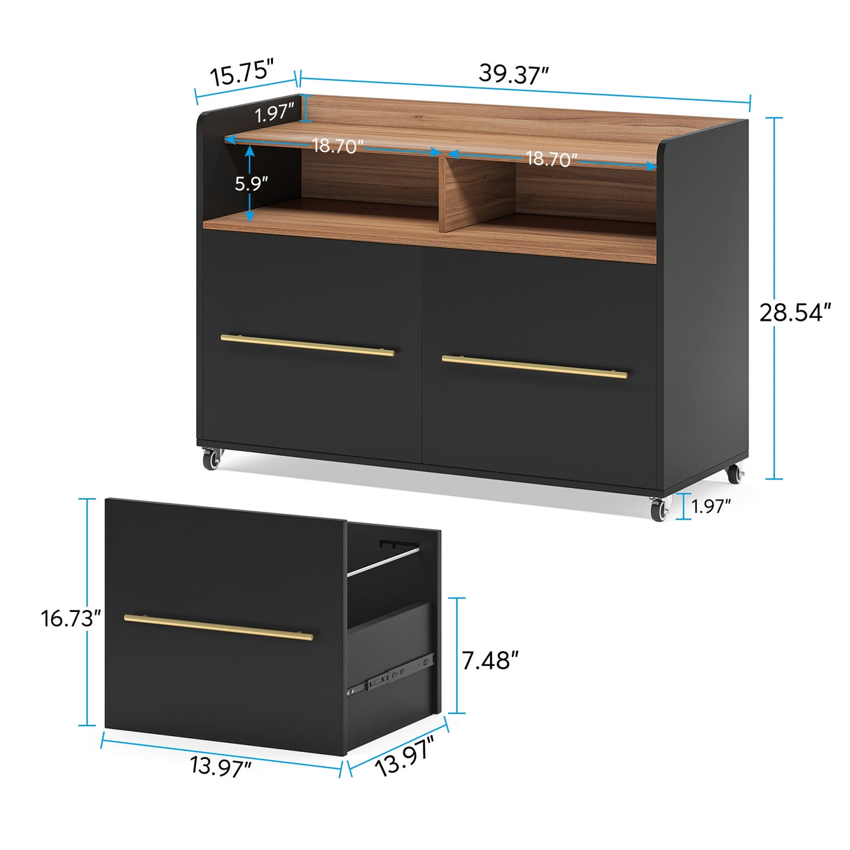 2 Drawer Rolling Filing Cabinets Wood Lateral File Cabinet for Letter, Printer Stand with Wheels Storage Shelf for Home Office
