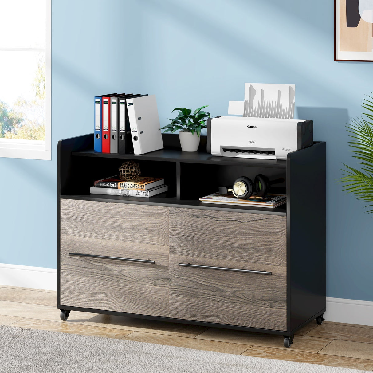 2 Drawer Rolling Filing Cabinets Wood Lateral File Cabinet for Letter, Printer Stand with Wheels Storage Shelf for Home Office
