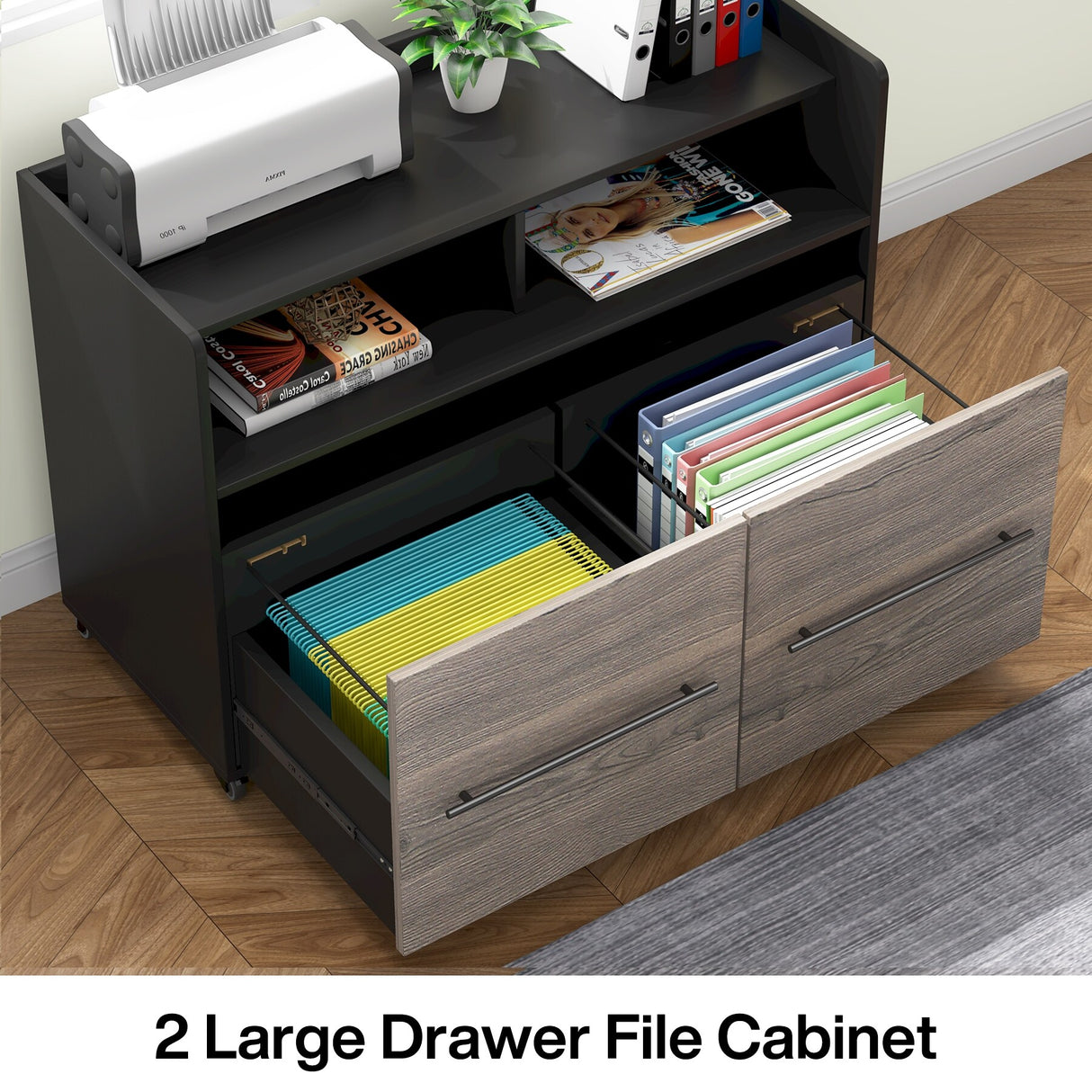 2 Drawer Rolling Filing Cabinets Wood Lateral File Cabinet for Letter, Printer Stand with Wheels Storage Shelf for Home Office