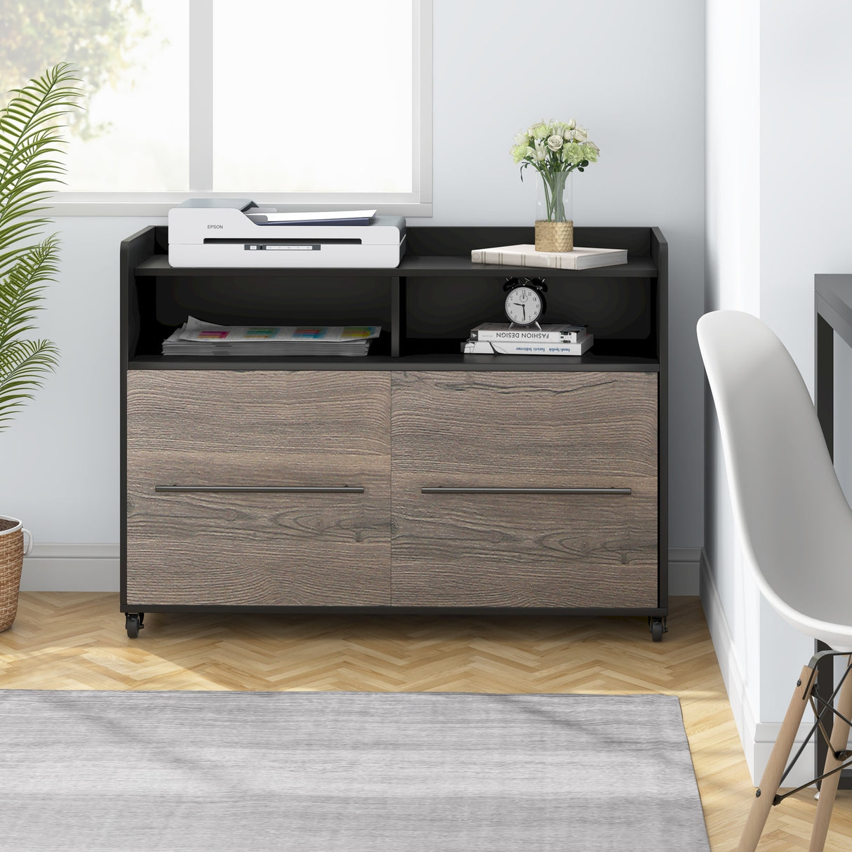 2 Drawer Rolling Filing Cabinets Wood Lateral File Cabinet for Letter, Printer Stand with Wheels Storage Shelf for Home Office