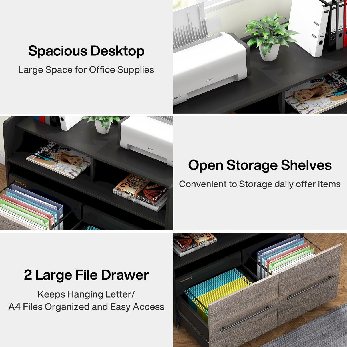 2 Drawer Rolling Filing Cabinets Wood Lateral File Cabinet for Letter, Printer Stand with Wheels Storage Shelf for Home Office
