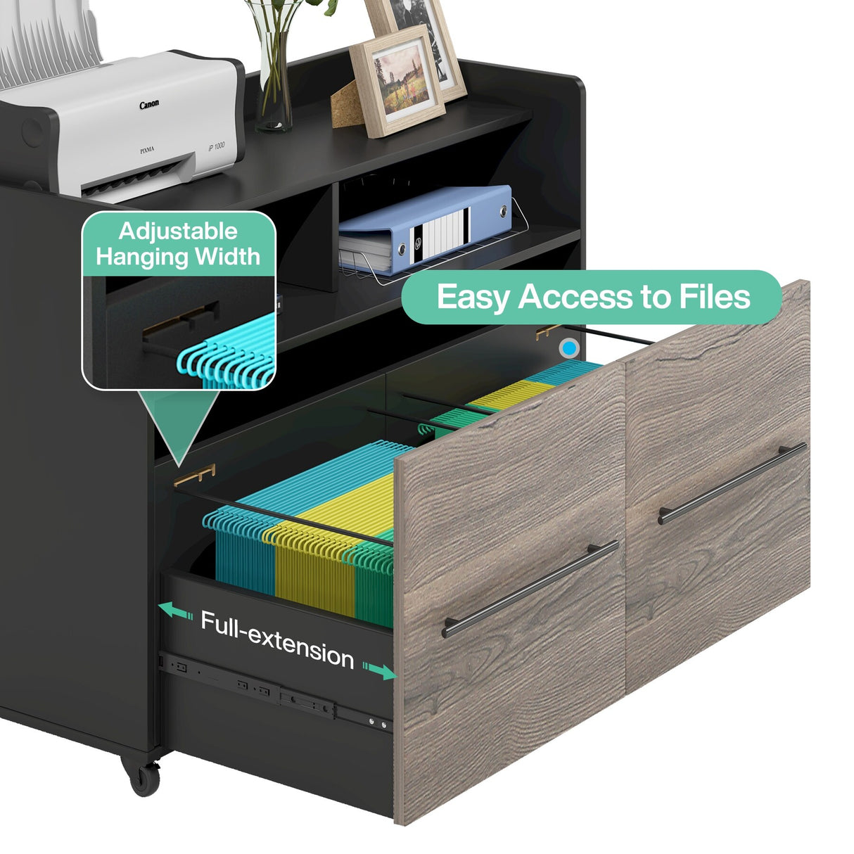 2 Drawer Rolling Filing Cabinets Wood Lateral File Cabinet for Letter, Printer Stand with Wheels Storage Shelf for Home Office