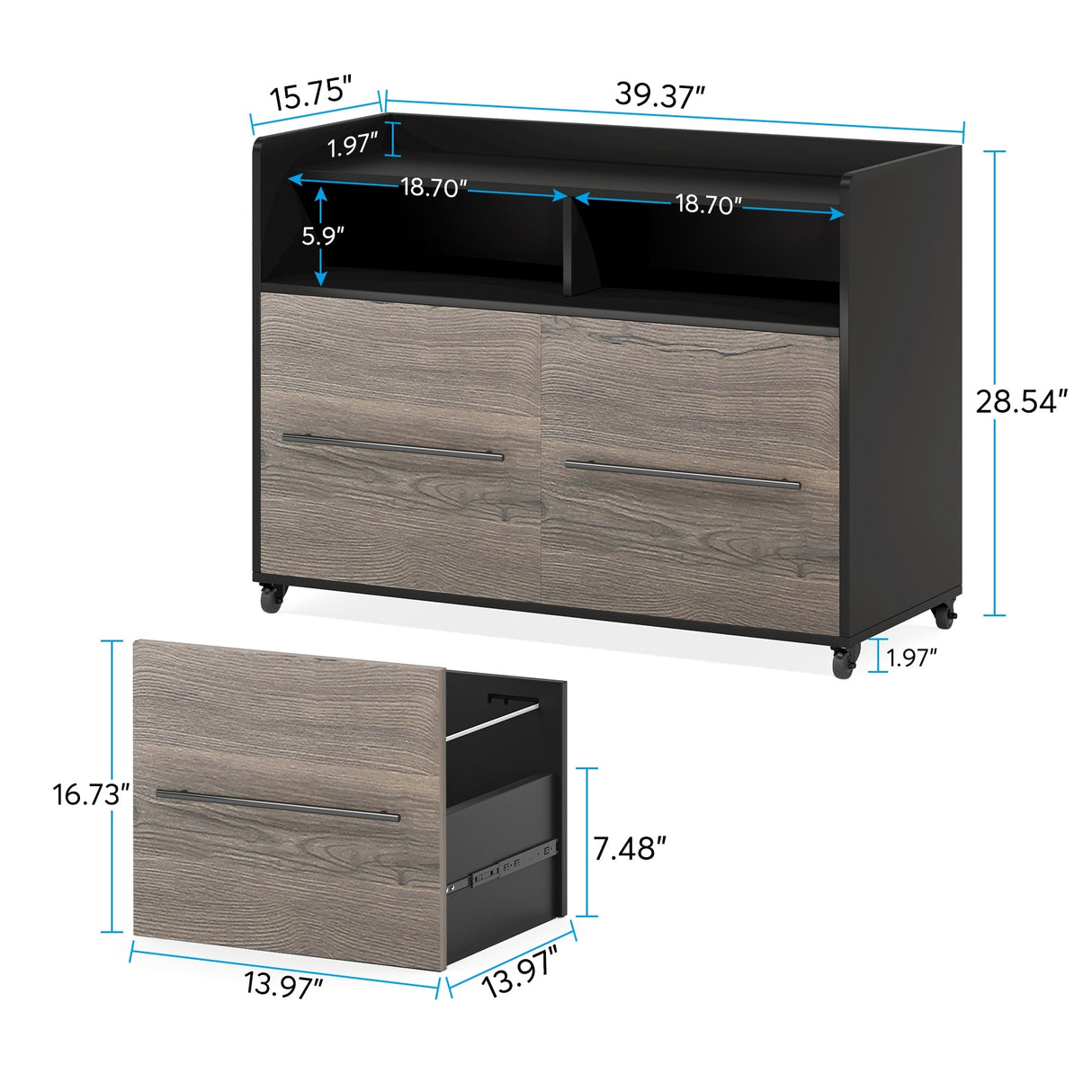 2 Drawer Rolling Filing Cabinets Wood Lateral File Cabinet for Letter, Printer Stand with Wheels Storage Shelf for Home Office