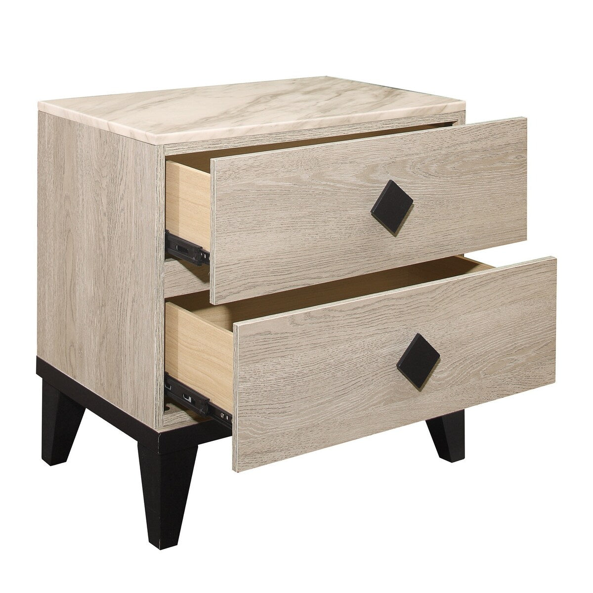 2 Drawer Wooden Nightstand with Diamond Metal Knobs, Beige and Black