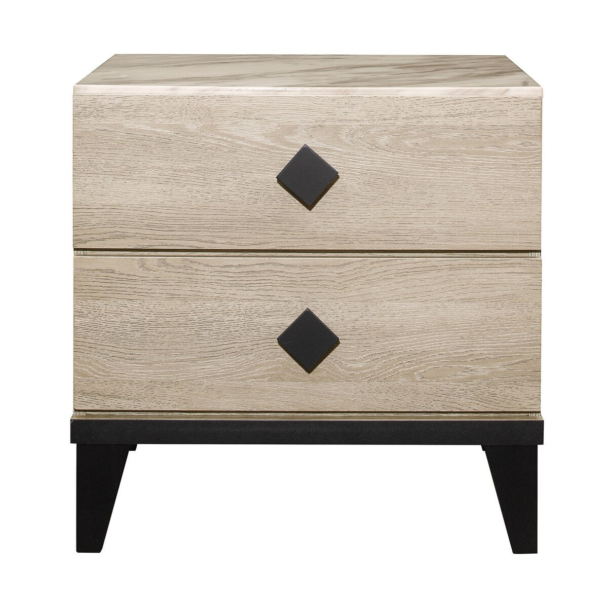 2 Drawer Wooden Nightstand with Diamond Metal Knobs, Beige and Black
