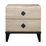 2 Drawer Wooden Nightstand with Diamond Metal Knobs, Beige and Black