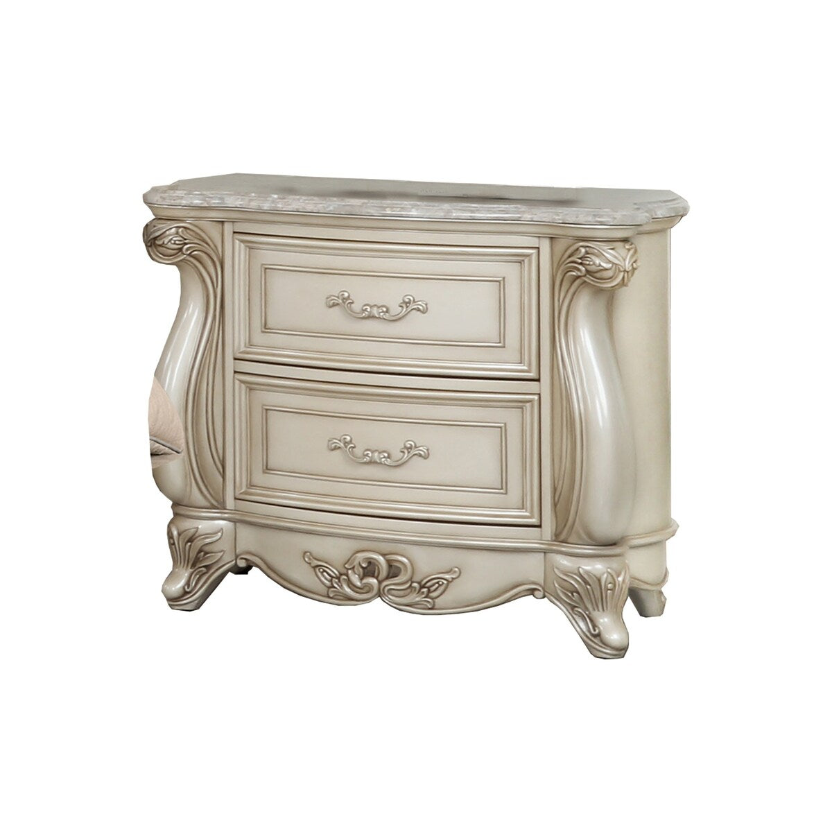 2 Drawer Wooden Nightstand with Marble Top and Intricate Details, White