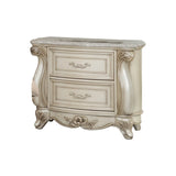 2 Drawer Wooden Nightstand with Marble Top and Intricate Details, White