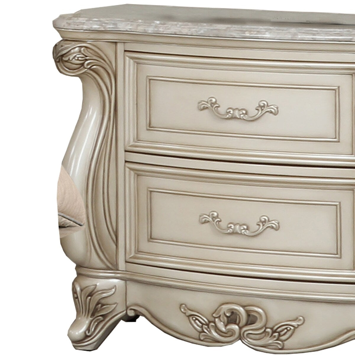 2 Drawer Wooden Nightstand with Marble Top and Intricate Details, White