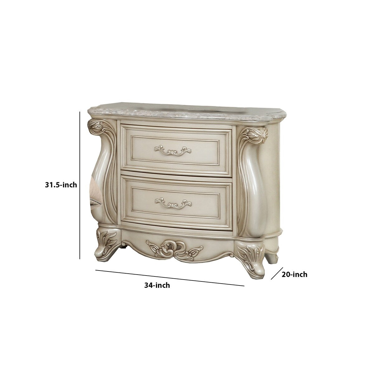 2 Drawer Wooden Nightstand with Marble Top and Intricate Details, White