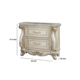 2 Drawer Wooden Nightstand with Marble Top and Intricate Details, White