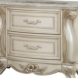 2 Drawer Wooden Nightstand with Marble Top and Intricate Details, White