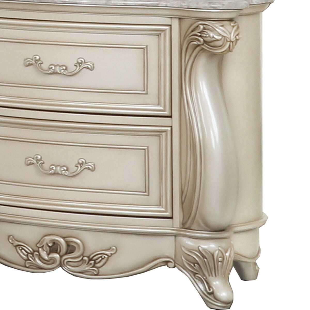2 Drawer Wooden Nightstand with Marble Top and Intricate Details, White