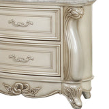 2 Drawer Wooden Nightstand with Marble Top and Intricate Details, White