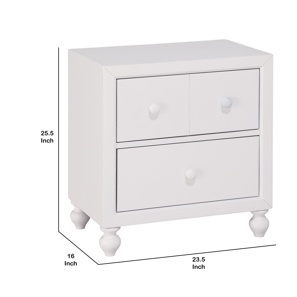 2 Drawer Wooden Nightstand with Turned Legs, White
