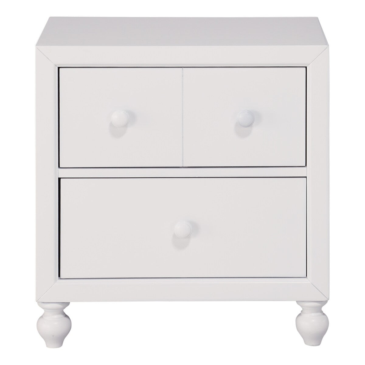 2 Drawer Wooden Nightstand with Turned Legs, White