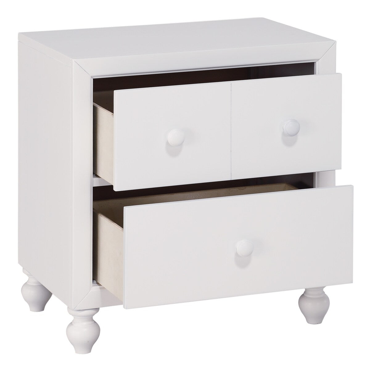 2 Drawer Wooden Nightstand with Turned Legs, White