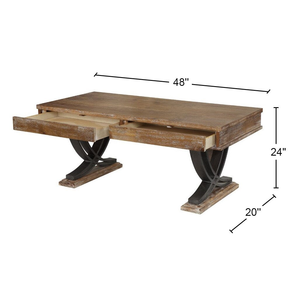 2 Drawers Coffee Table with Metal Stand in Antique Oak and Black