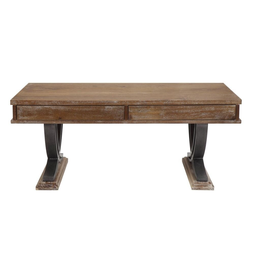 2 Drawers Coffee Table with Metal Stand in Antique Oak and Black