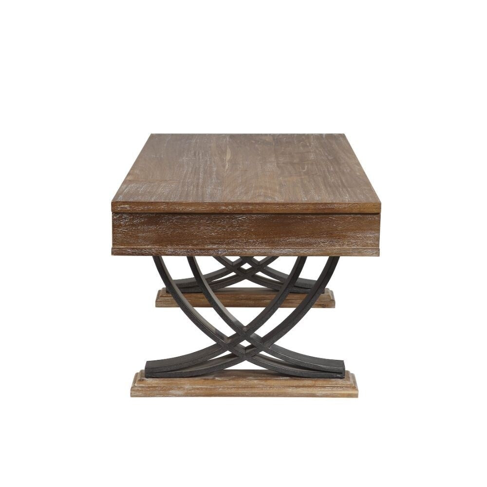 2 Drawers Coffee Table with Metal Stand in Antique Oak and Black